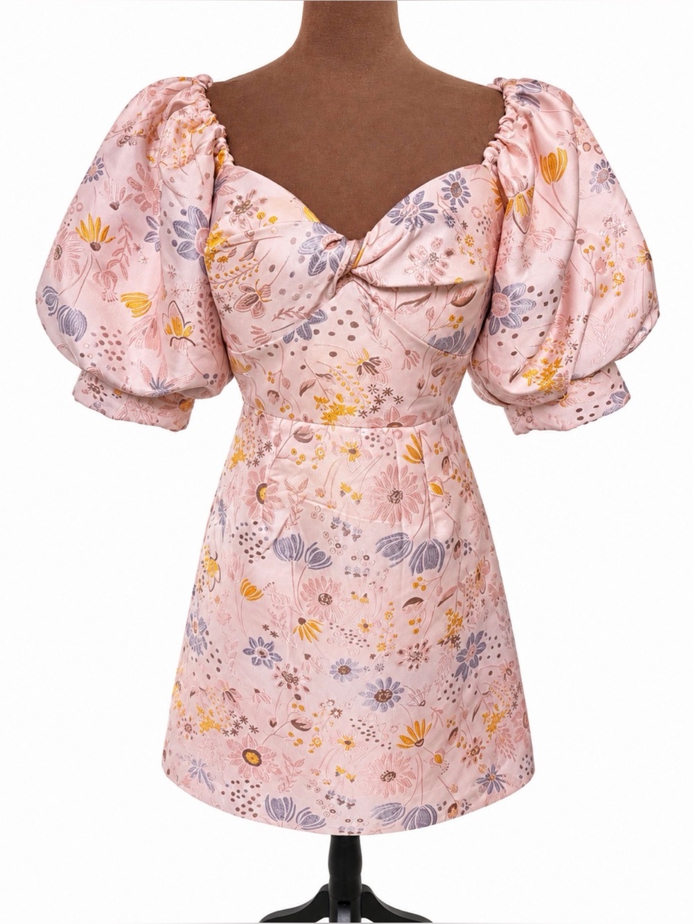 Anthropologie-Hutch White Mini Dress with Yellow Floral Print and Puff Sleeves.